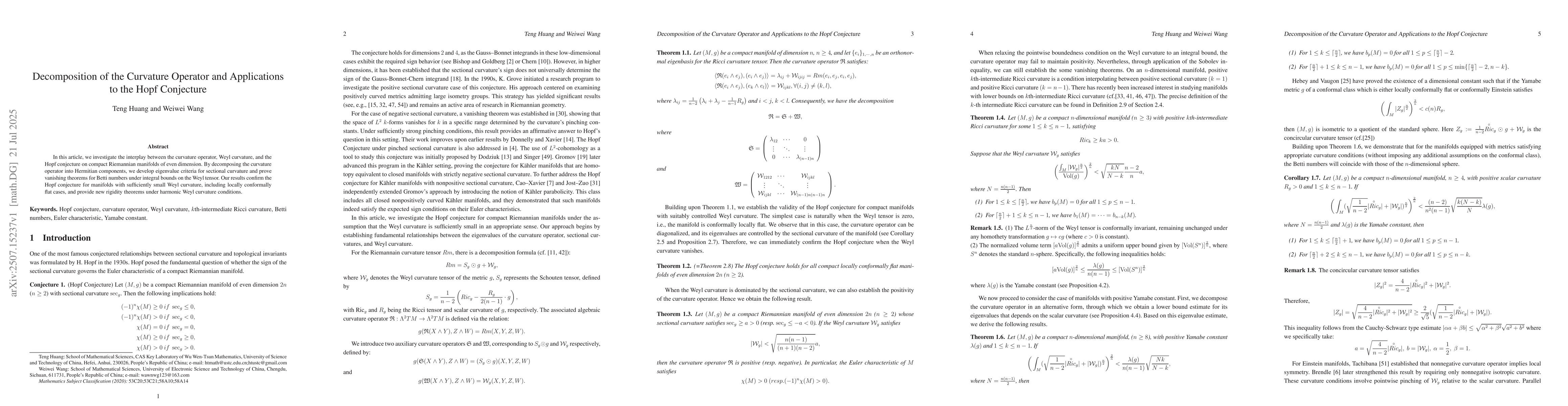 Thumbnail for Decomposition of the Curvature Operator and Applications to the Hopf
  Conjecture
