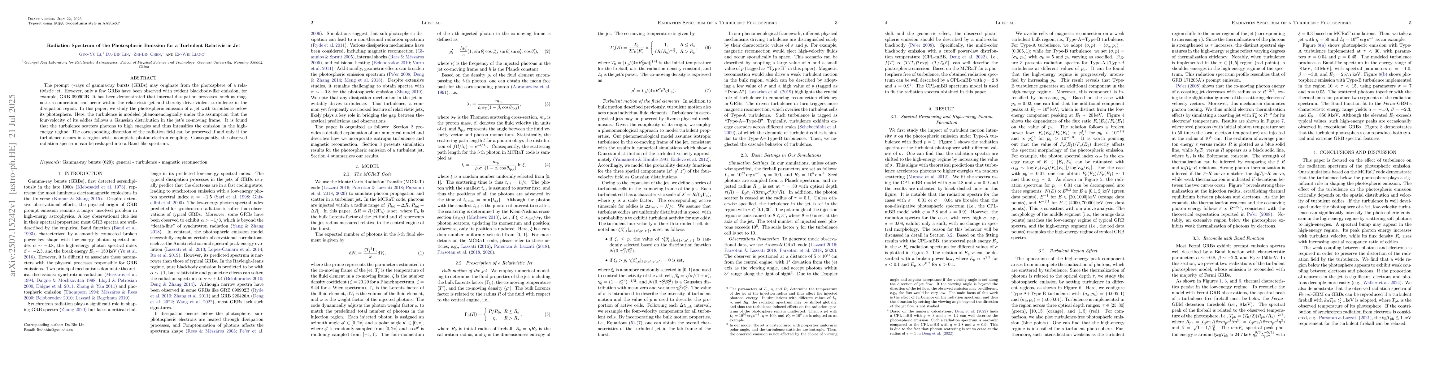 Thumbnail for Radiation Spectrum of the Photospheric Emission for a Turbulent
  Relativistic Jet
