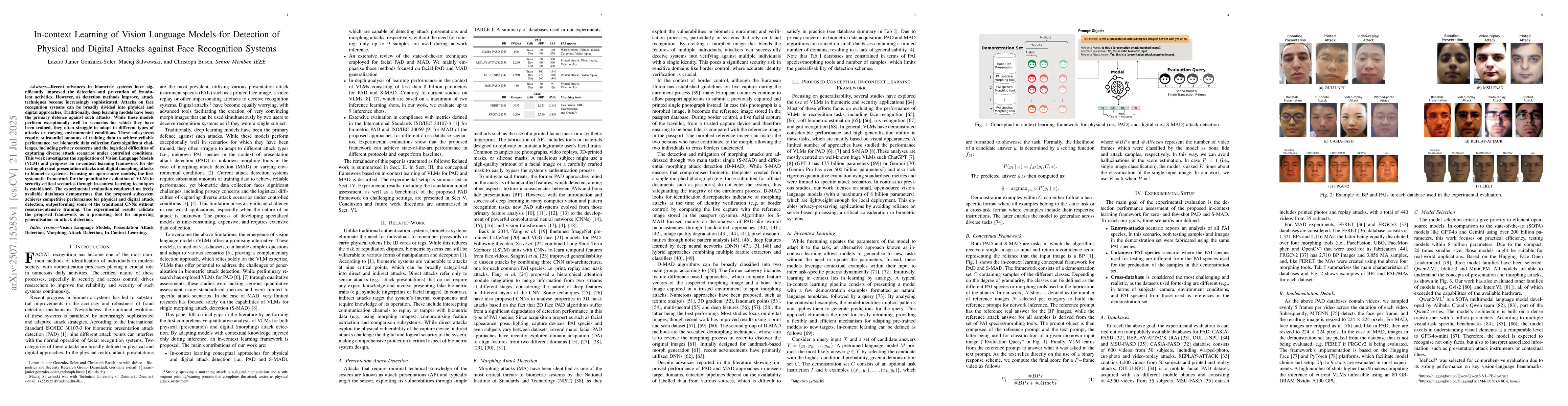 Thumbnail for In-context Learning of Vision Language Models for Detection of Physical
  and Digital Attacks against Face Recognition Systems