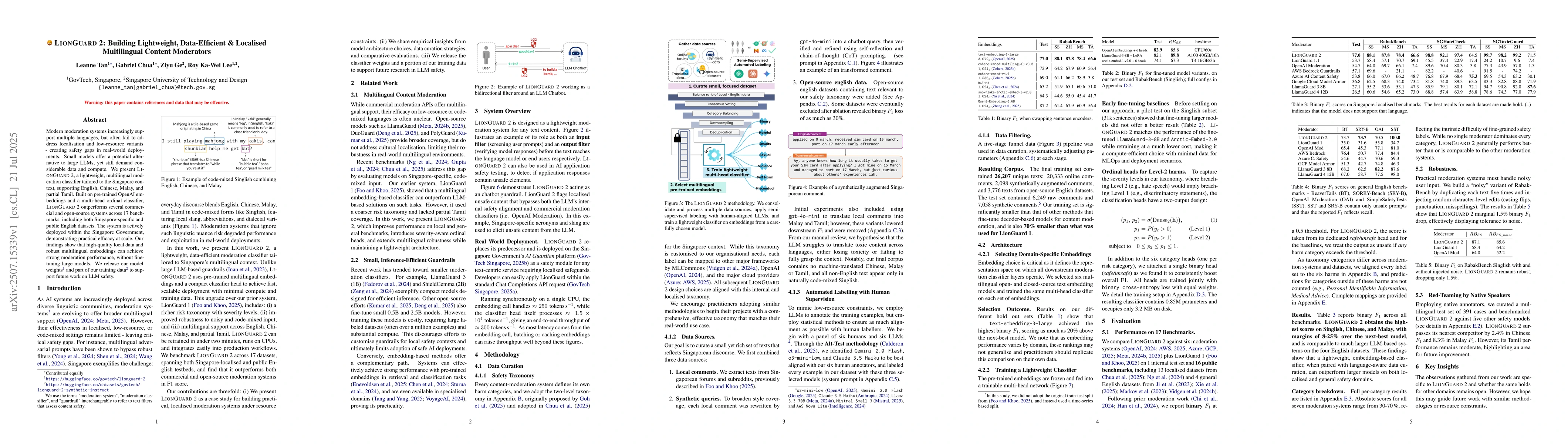 Thumbnail for LionGuard 2: Building Lightweight, Data-Efficient & Localised
  Multilingual Content Moderators