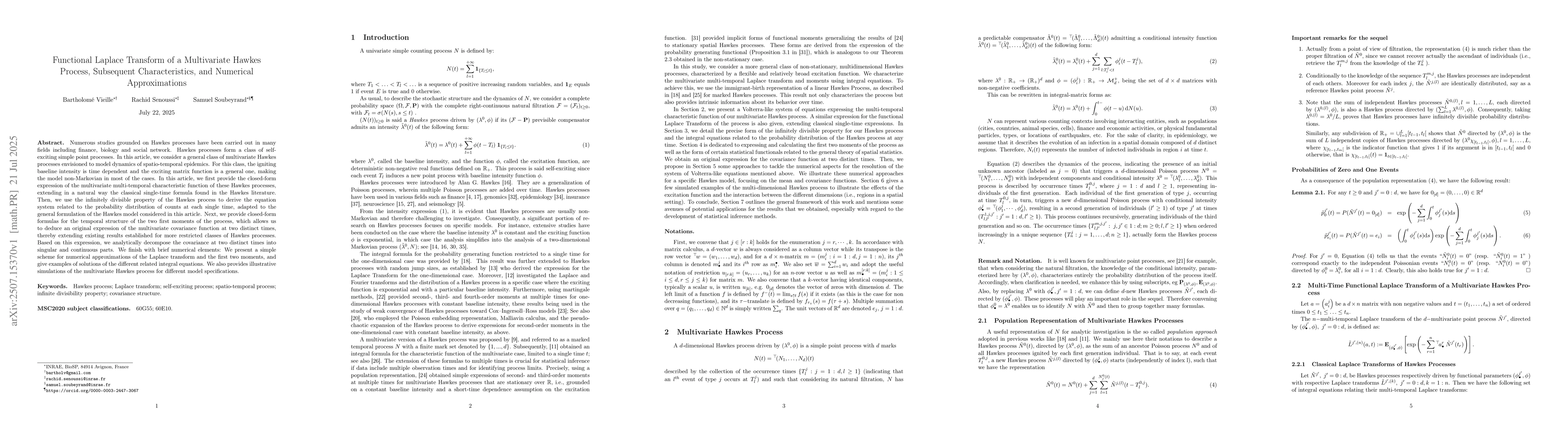 Thumbnail for Functional Laplace Transform of a Multivariate Hawkes Process,
  Subsequent Characteristics, and Numerical Approximations