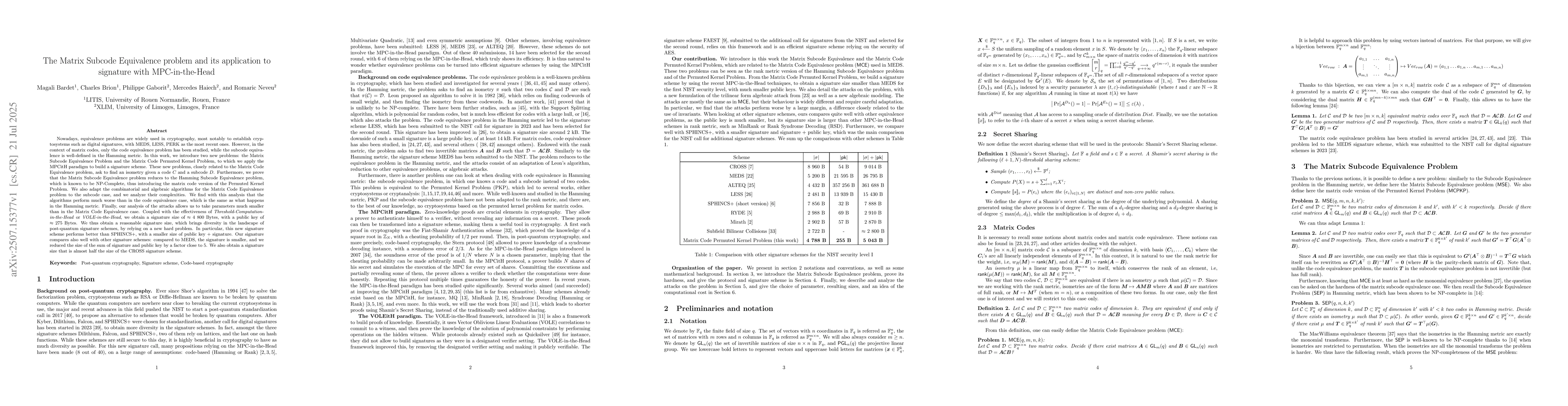Thumbnail for The Matrix Subcode Equivalence problem and its application to signature
  with MPC-in-the-Head