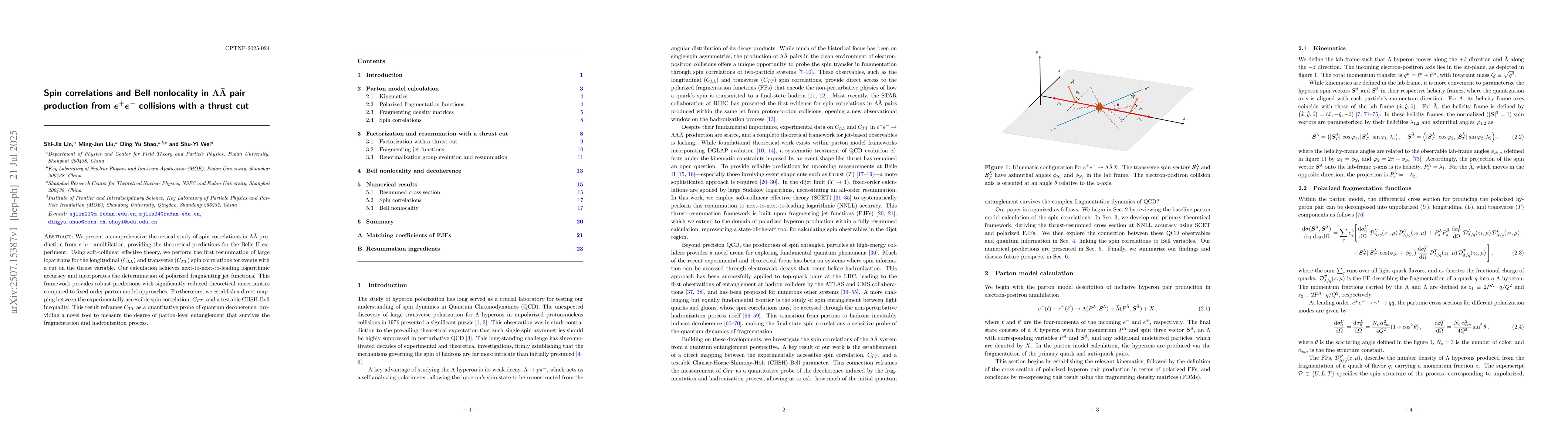 Thumbnail for Spin correlations and Bell nonlocality in $Λ\barΛ$ pair
  production from $e^+e^-$ collisions with a thrust cut
