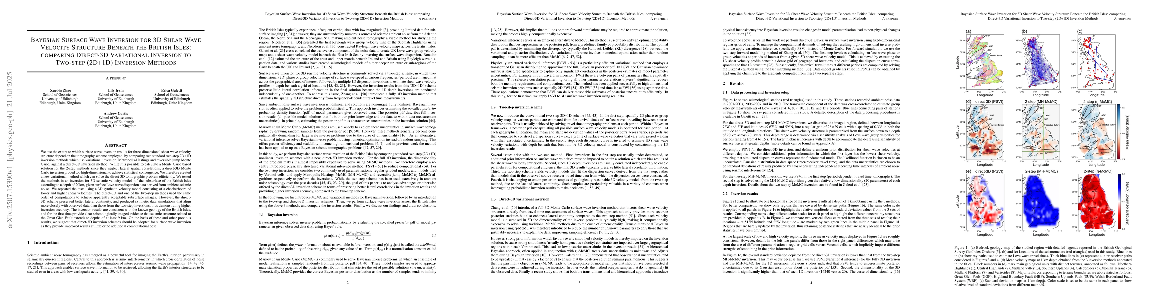Thumbnail for Bayesian Surface Wave Inversion for 3D Shear Wave Velocity Structure
  Beneath the British Isles: comparing Direct-3D Variational Inversion to
  Two-step (2D+1D) Inversion Methods