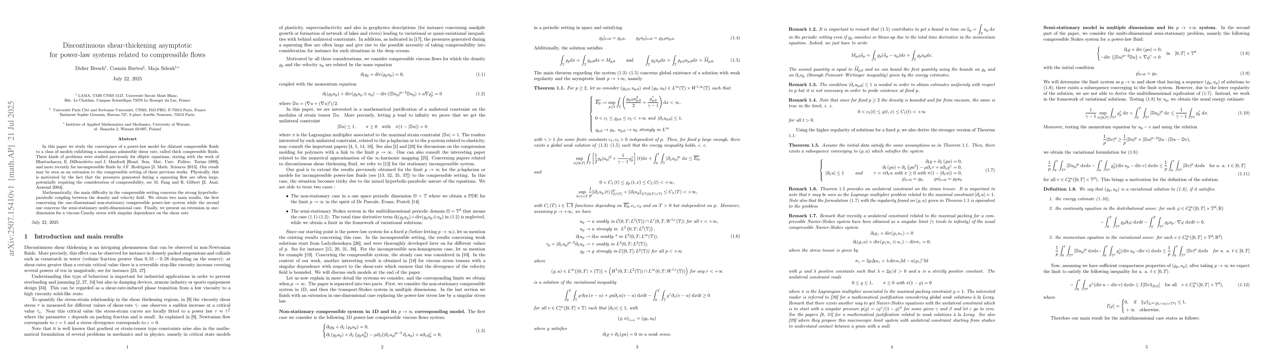 Thumbnail for Discontinuous shear-thickening asymptotic for power-law systems related
  to compressible flows