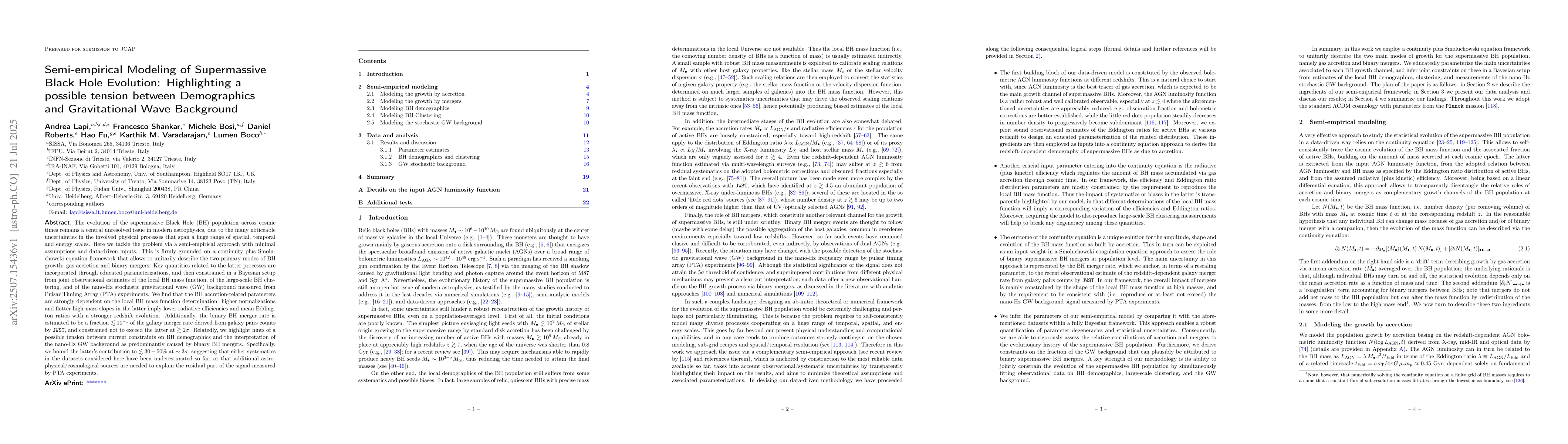 Thumbnail for Semi-empirical Modeling of Supermassive Black Hole Evolution:
  Highlighting a possible tension between Demographics and Gravitational Wave
  Background