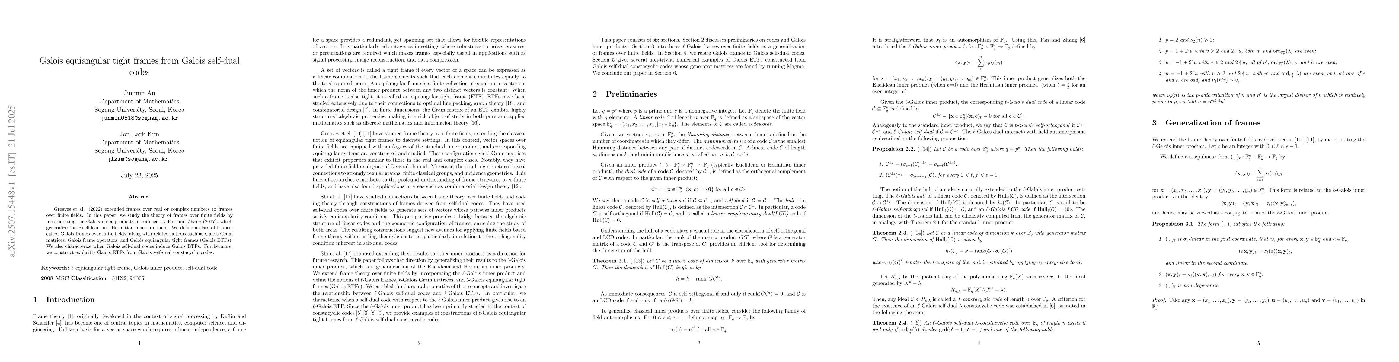 Thumbnail for Galois equiangular tight frames from Galois self-dual codes