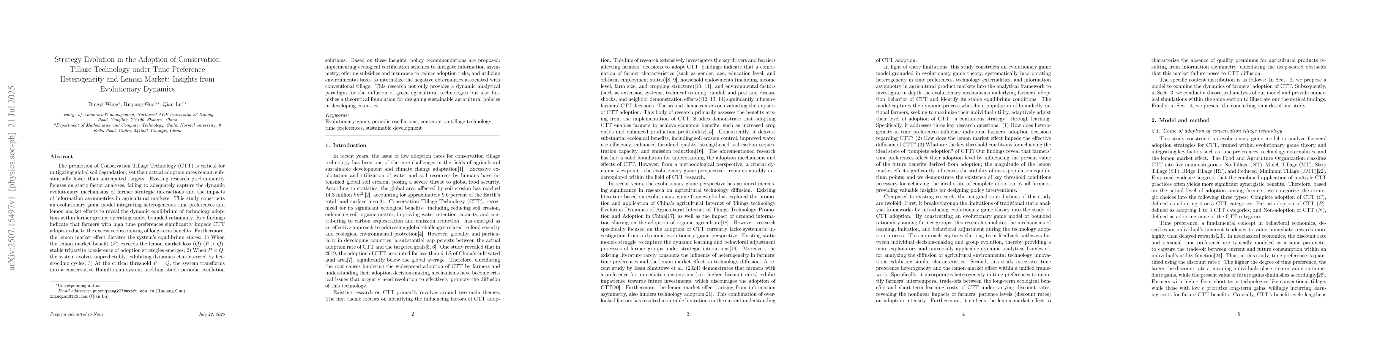 Thumbnail for Strategy Evolution in the Adoption of Conservation Tillage Technology
  under Time Preference Heterogeneity and Lemon Market: Insights from
  Evolutionary Dynamics