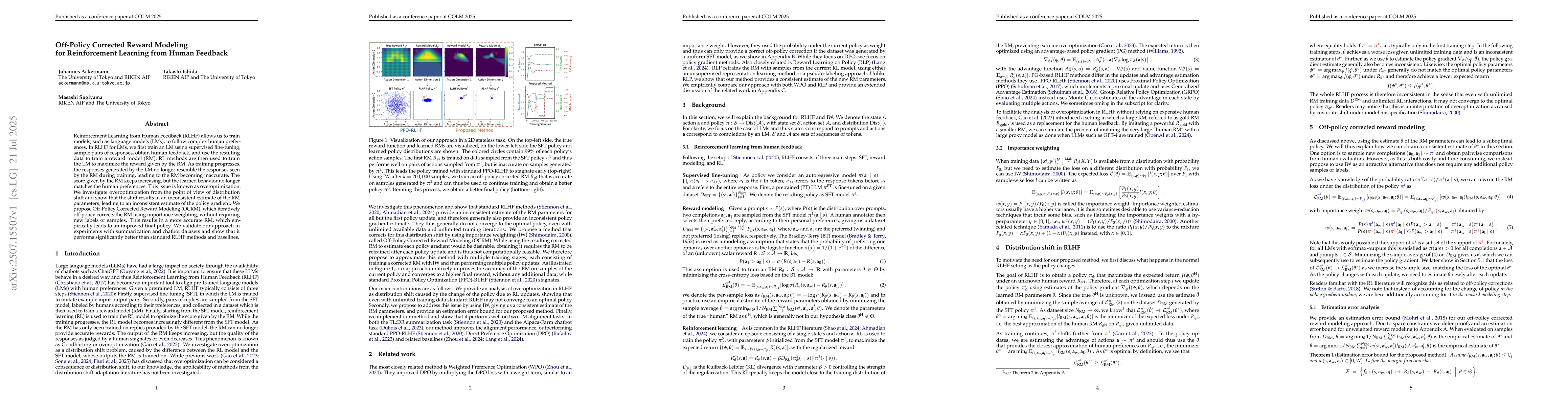 Thumbnail for Off-Policy Corrected Reward Modeling for Reinforcement Learning from
  Human Feedback