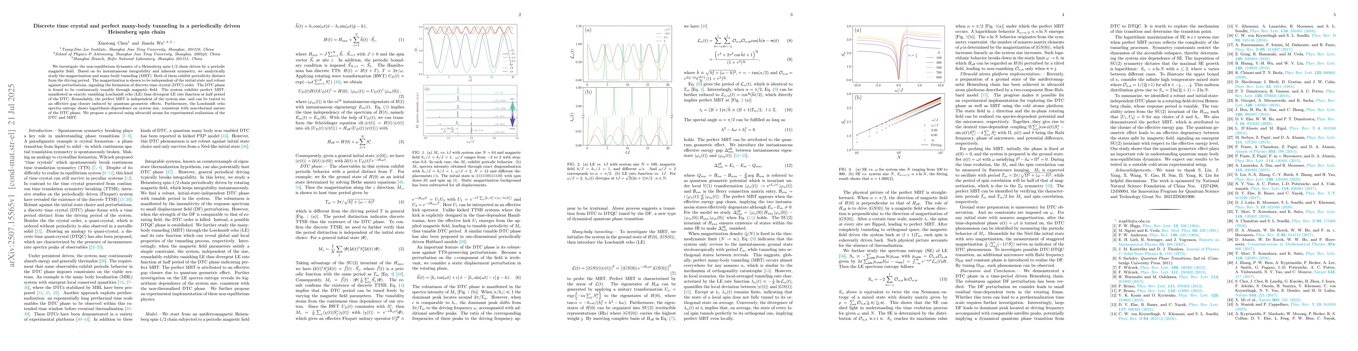 Thumbnail for Discrete time crystal and perfect many-body tunneling in a periodically
  driven Heisenberg spin chain