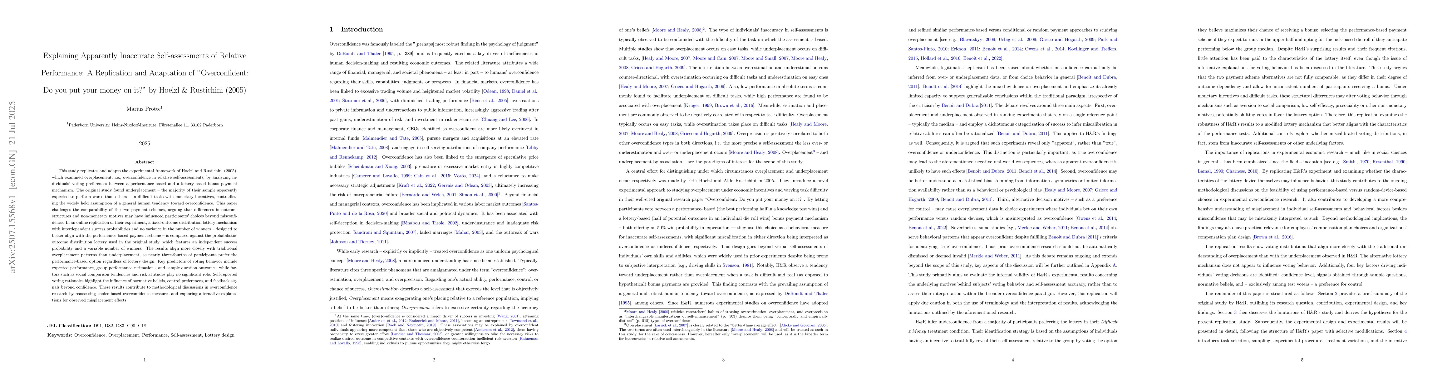 Thumbnail for Explaining Apparently Inaccurate Self-assessments of Relative
  Performance: A Replication and Adaptation of 'Overconfident: Do you put your
  money on it?' by Hoelzl and Rustichini (2005)