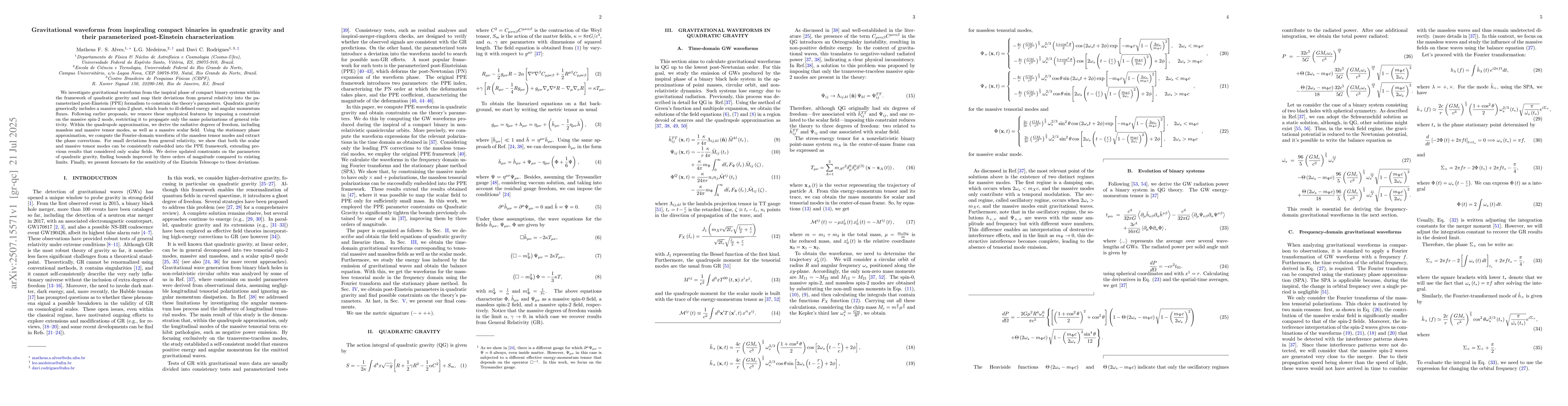 Thumbnail for Gravitational waveforms from inspiraling compact binaries in quadratic
  gravity and their parameterized post-Einstein characterization