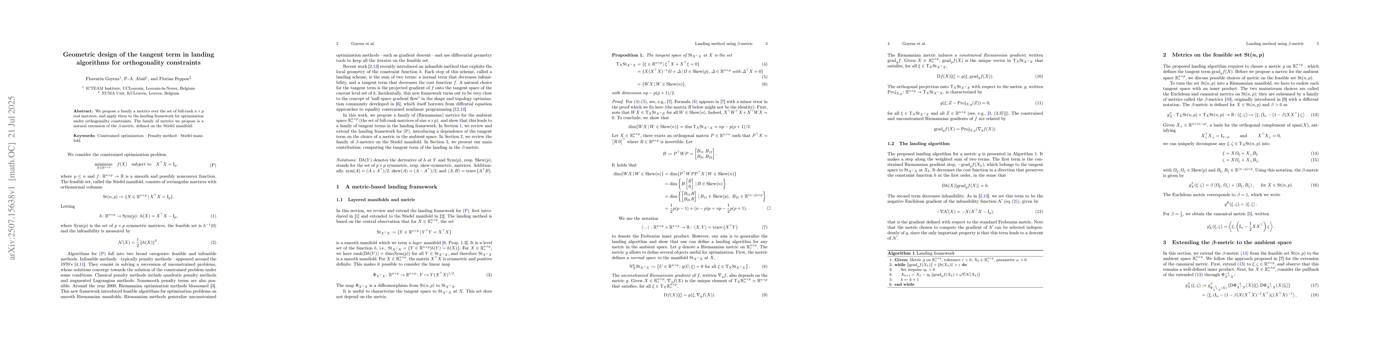 Thumbnail for Geometric design of the tangent term in landing algorithms for
  orthogonality constraints