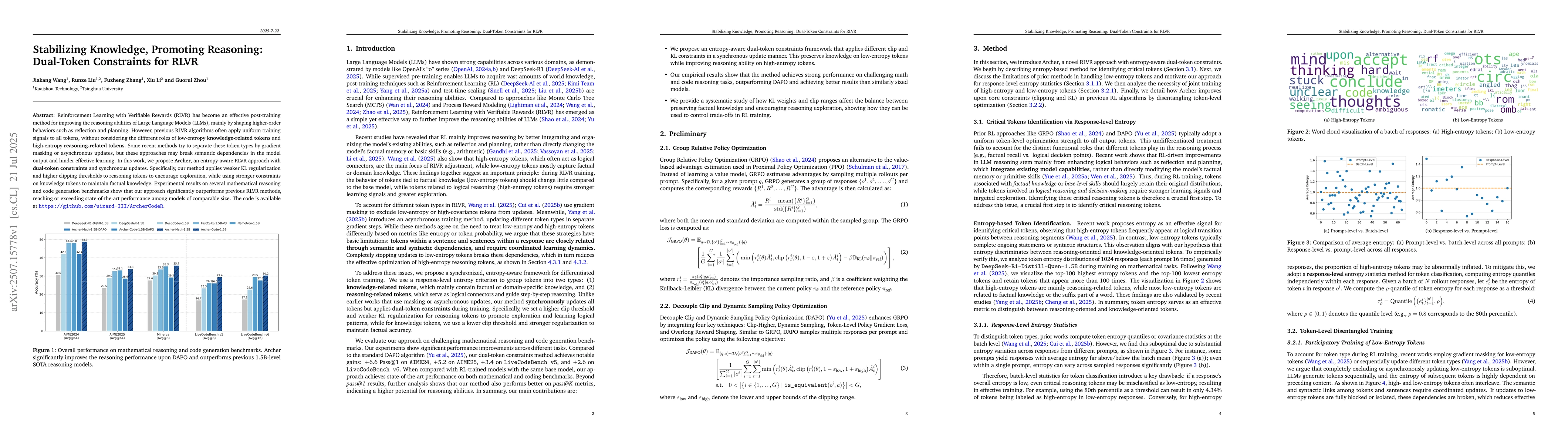 Thumbnail for Stabilizing Knowledge, Promoting Reasoning: Dual-Token Constraints for
  RLVR