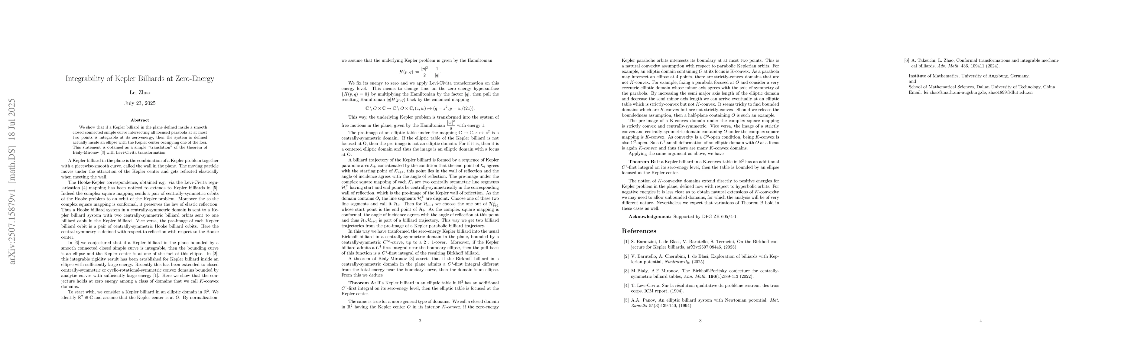 Thumbnail for Integrability of Kepler Billiards at Zero-Energy