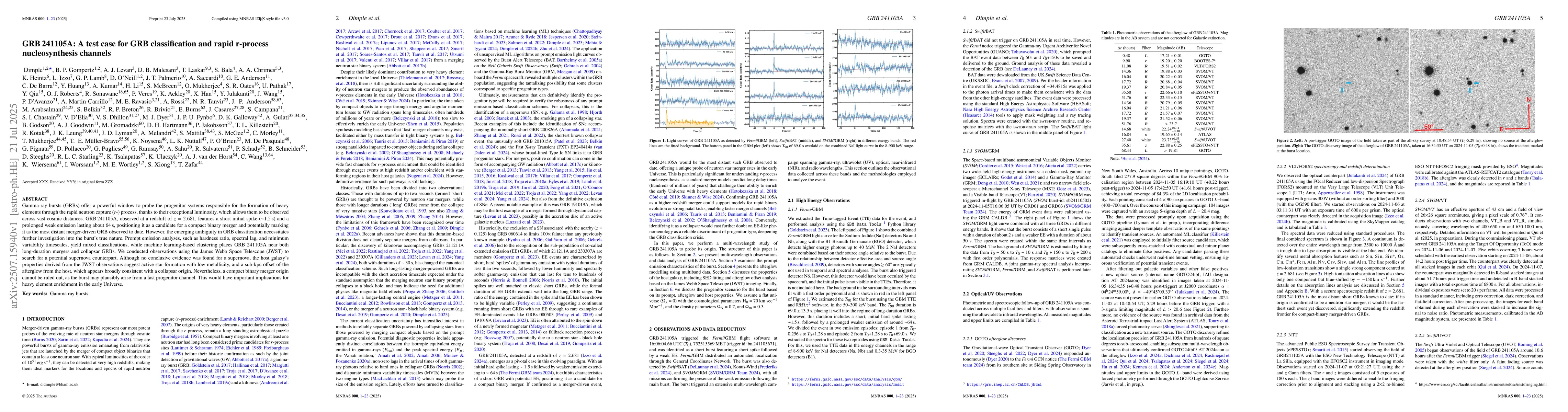 Thumbnail for GRB 241105A: A test case for GRB classification and rapid r-process
  nucleosynthesis channels