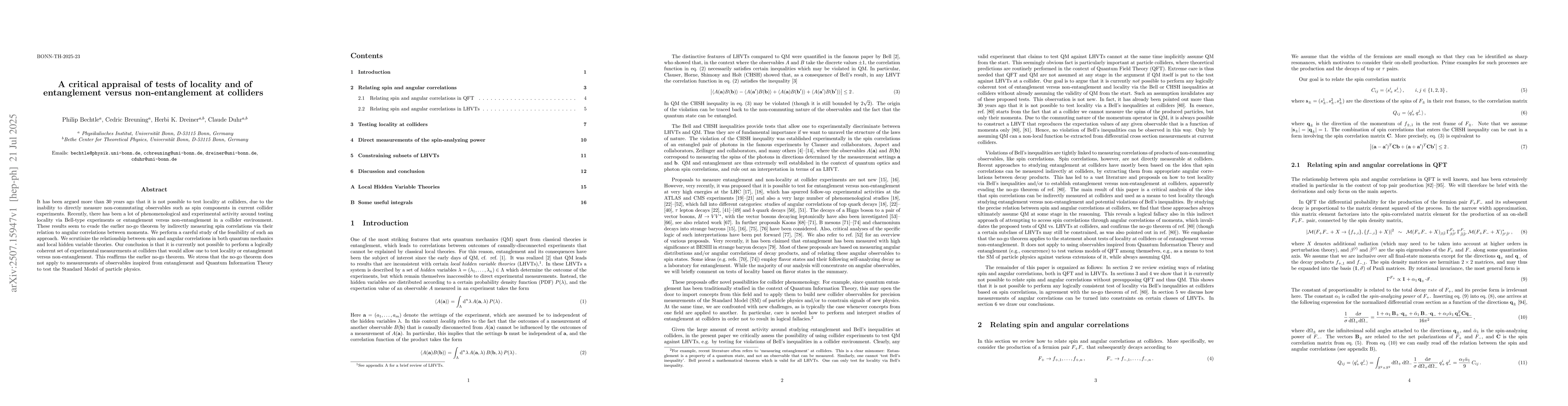 Thumbnail for A critical appraisal of tests of locality and of entanglement versus
  non-entanglement at colliders