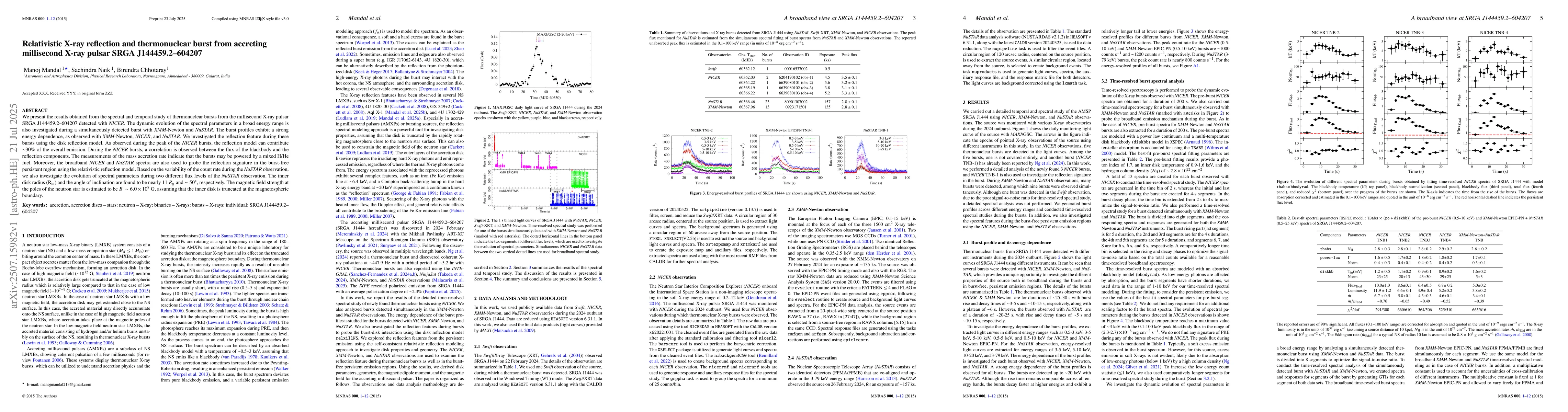 Thumbnail for Relativistic X-ray reflection and thermonuclear burst from accreting
  millisecond X-ray pulsar SRGA J144459.2-604207