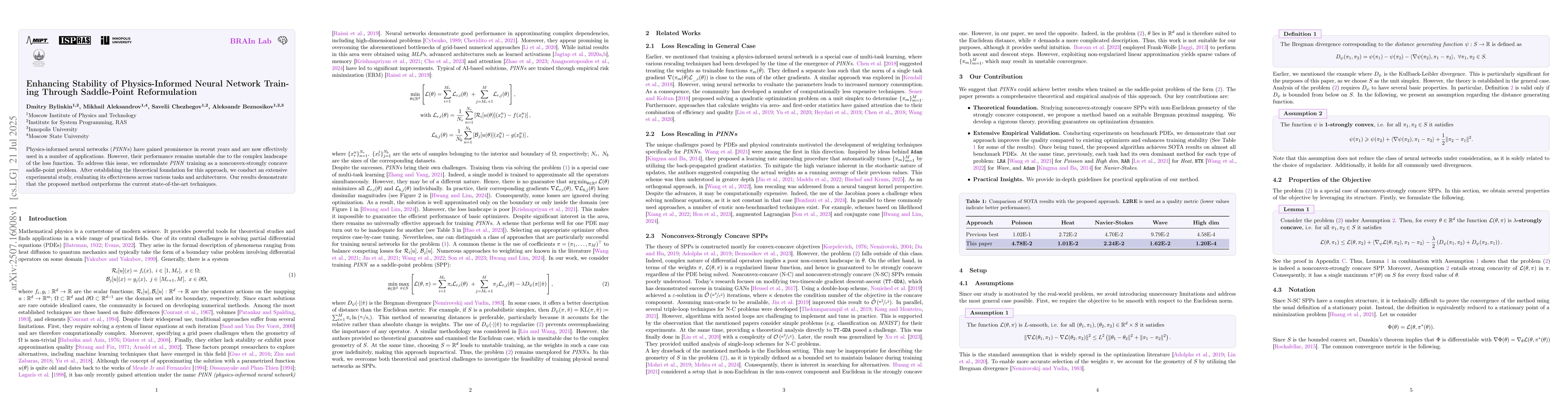 Thumbnail for Enhancing Stability of Physics-Informed Neural Network Training Through
  Saddle-Point Reformulation