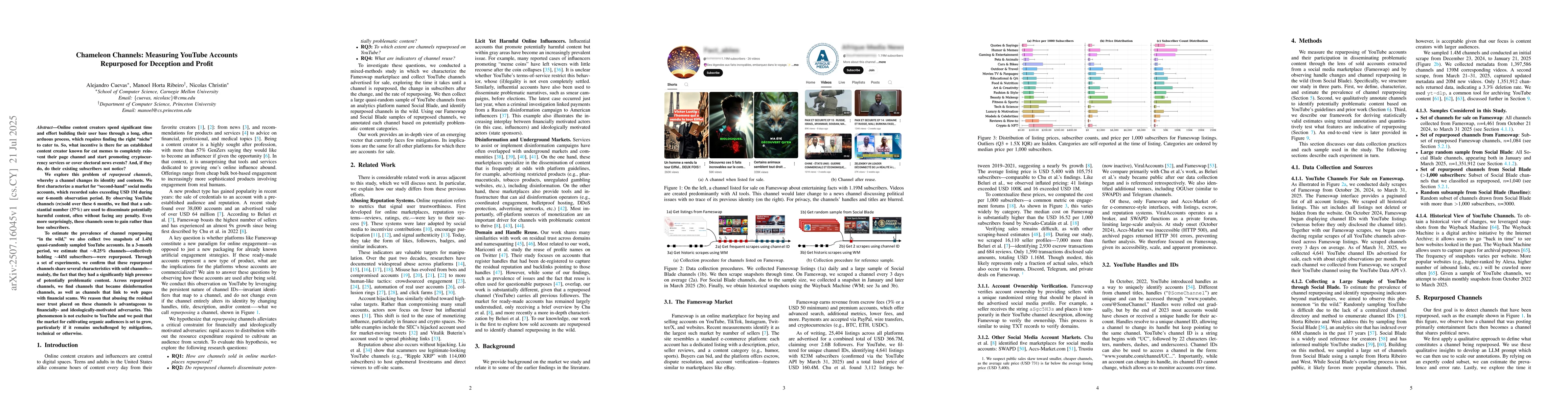 Thumbnail for Chameleon Channels: Measuring YouTube Accounts Repurposed for Deception
  and Profit
