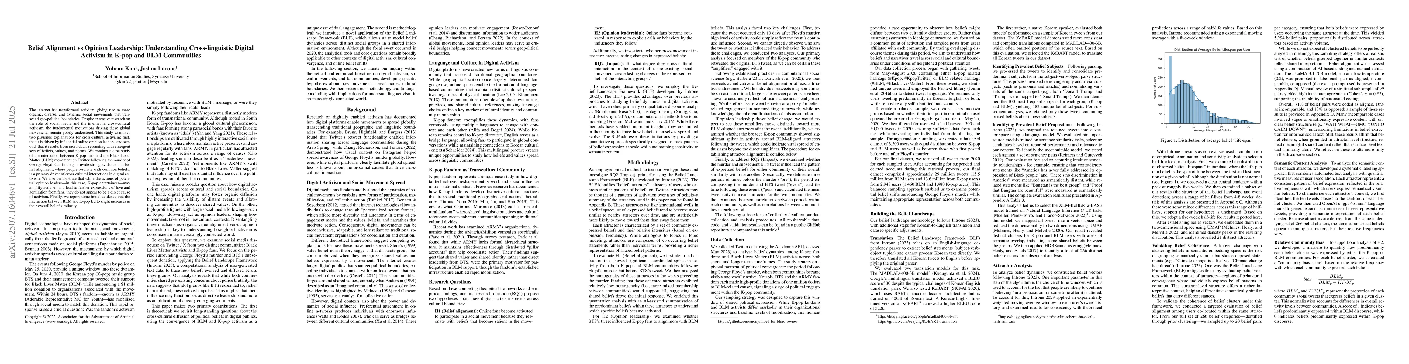 Thumbnail for Belief Alignment vs Opinion Leadership: Understanding Cross-linguistic
  Digital Activism in K-pop and BLM Communities