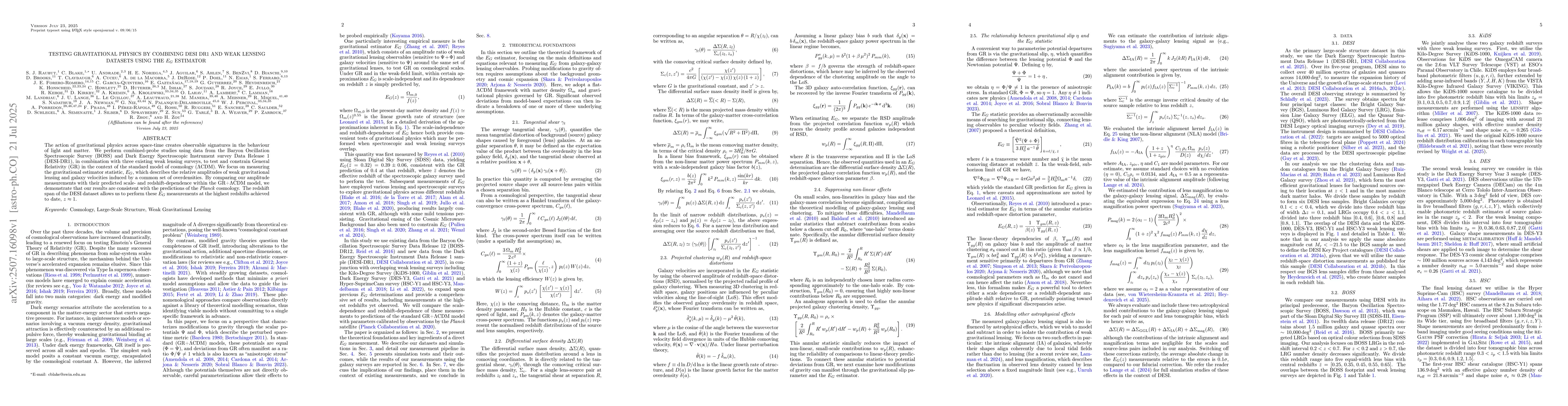 Thumbnail for Testing gravitational physics by combining DESI DR1 and weak lensing
  datasets using the E_G estimator