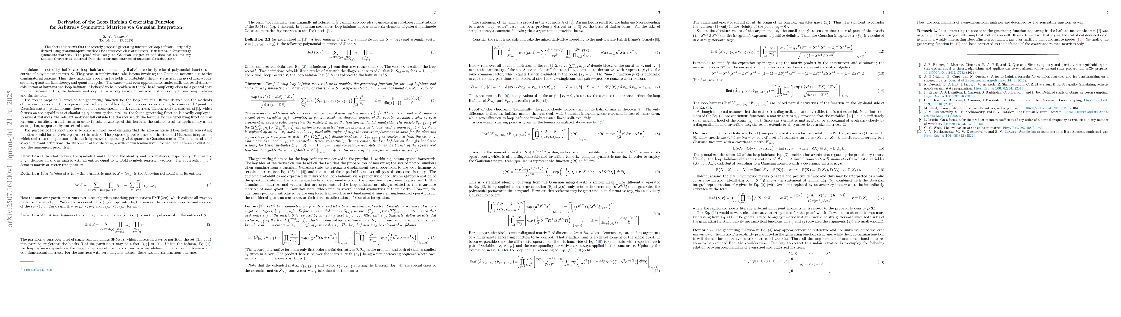 Thumbnail for Derivation of the Loop Hafnian Generating Function for Arbitrary
  Symmetric Matrices via Gaussian Integration