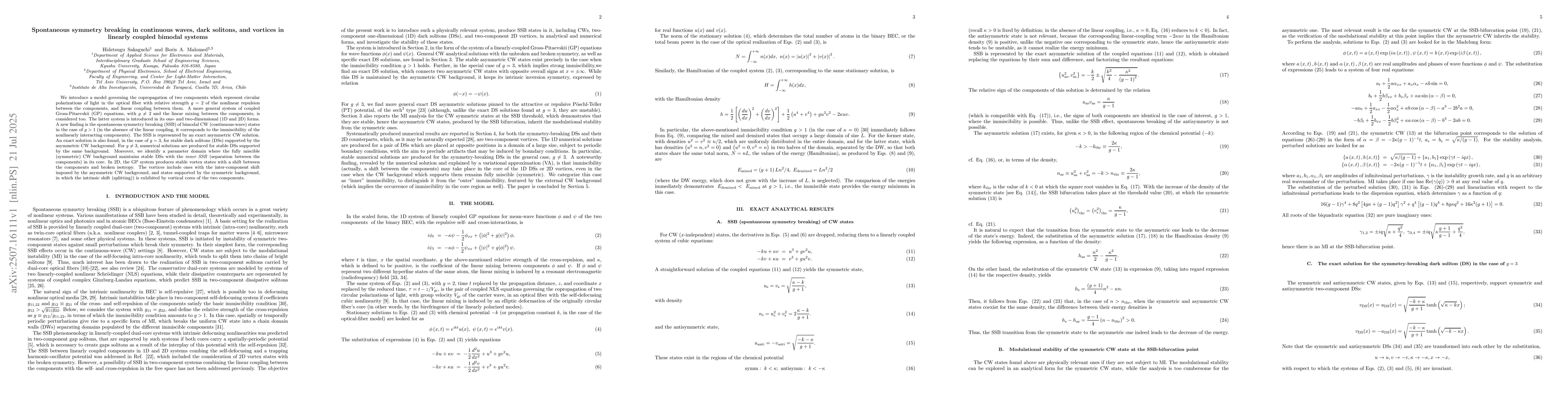 Thumbnail for Spontaneous symmetry breaking in continuous waves, dark solitons, and
  vortices in linearly coupled bimodal systems
