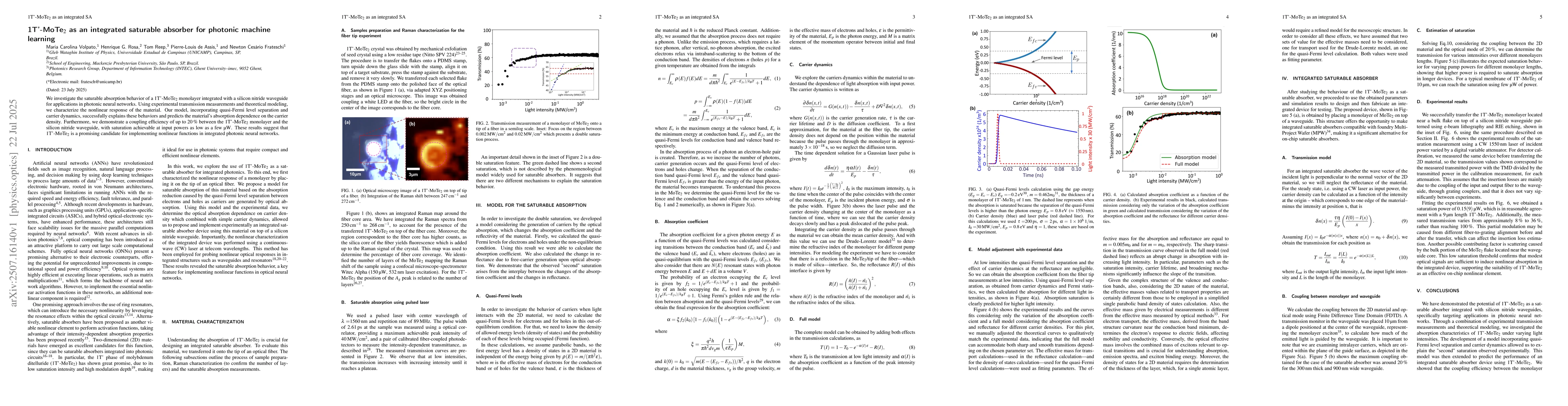 Thumbnail for 1T'-MoTe$_2$ as an integrated saturable absorber for photonic machine
  learning