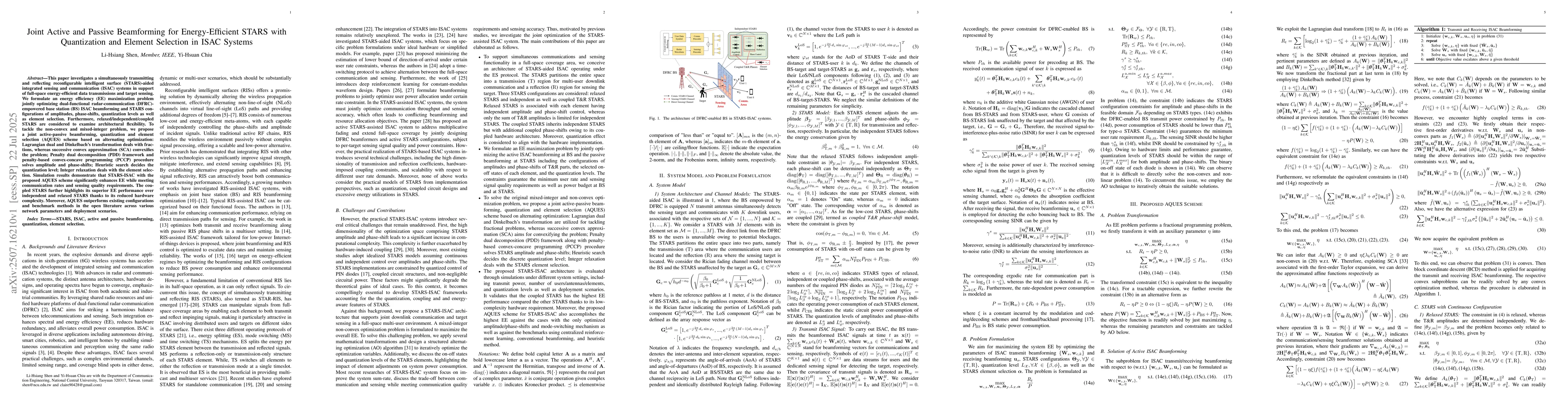 Thumbnail for Joint Active and Passive Beamforming for Energy-Efficient STARS with
  Quantization and Element Selection in ISAC Systems