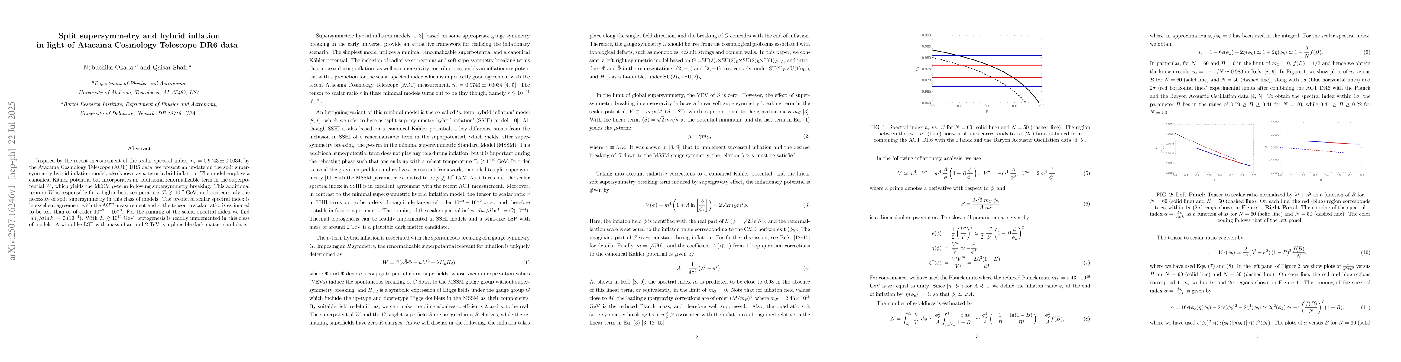 Thumbnail for Split supersymmetry and hybrid inflation in light of Atacama Cosmology
  Telescope DR6 data
