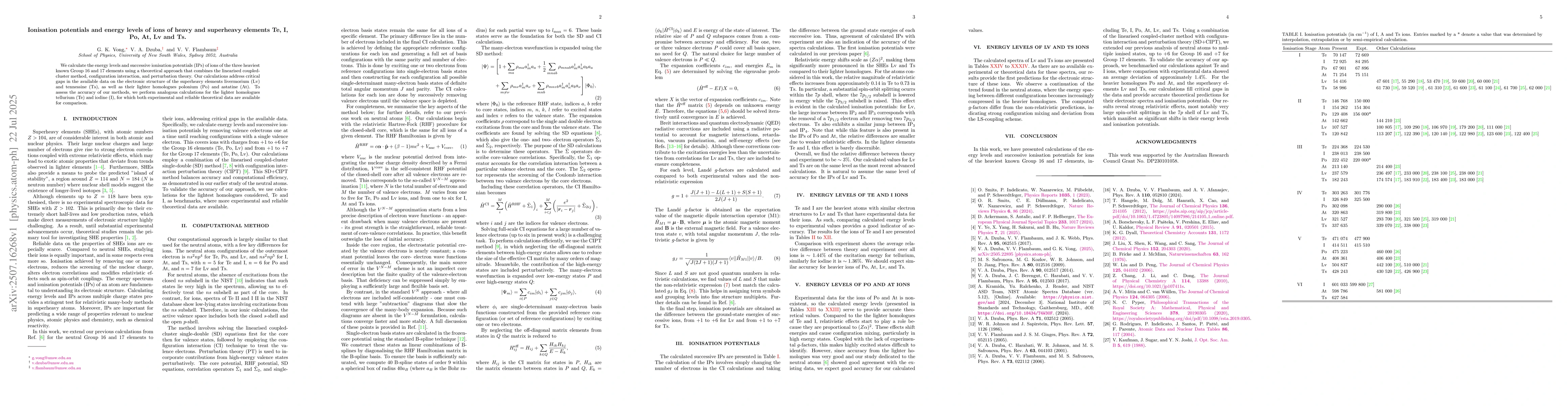 Thumbnail for Ionisation potentials and energy levels of ions of heavy and superheavy
  elements Te, I, Po, At, Lv and Ts