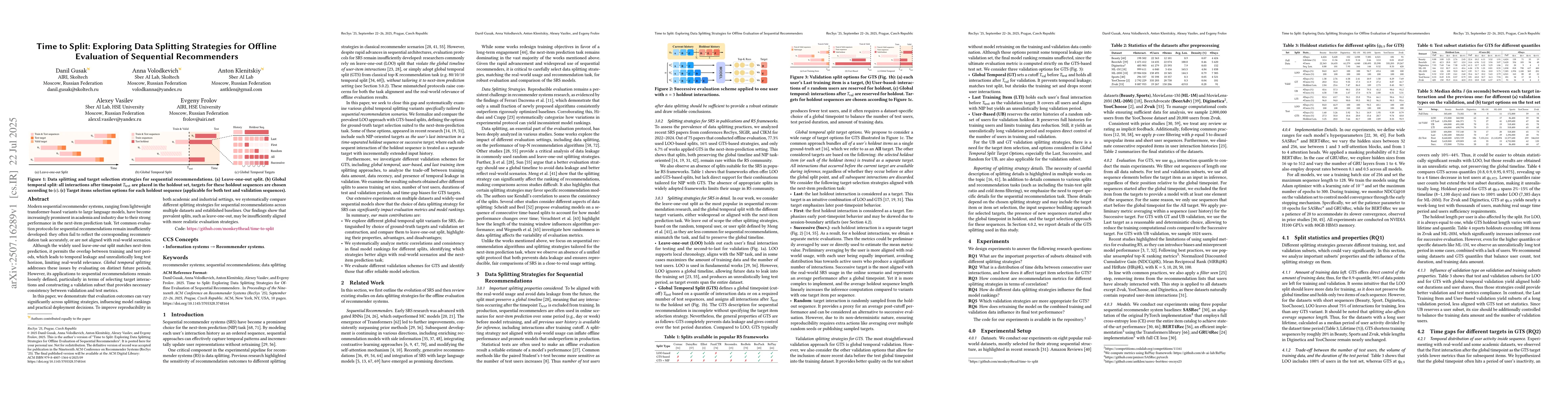 Thumbnail for Time to Split: Exploring Data Splitting Strategies for Offline
  Evaluation of Sequential Recommenders