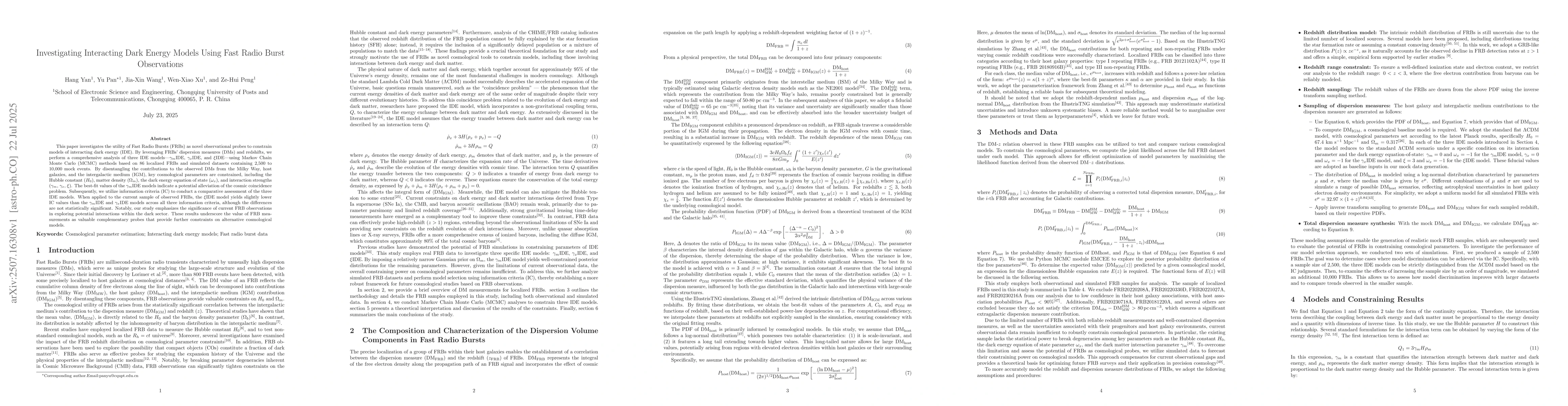 Thumbnail for Investigating Interacting Dark Energy Models Using Fast Radio Burst
  Observations
