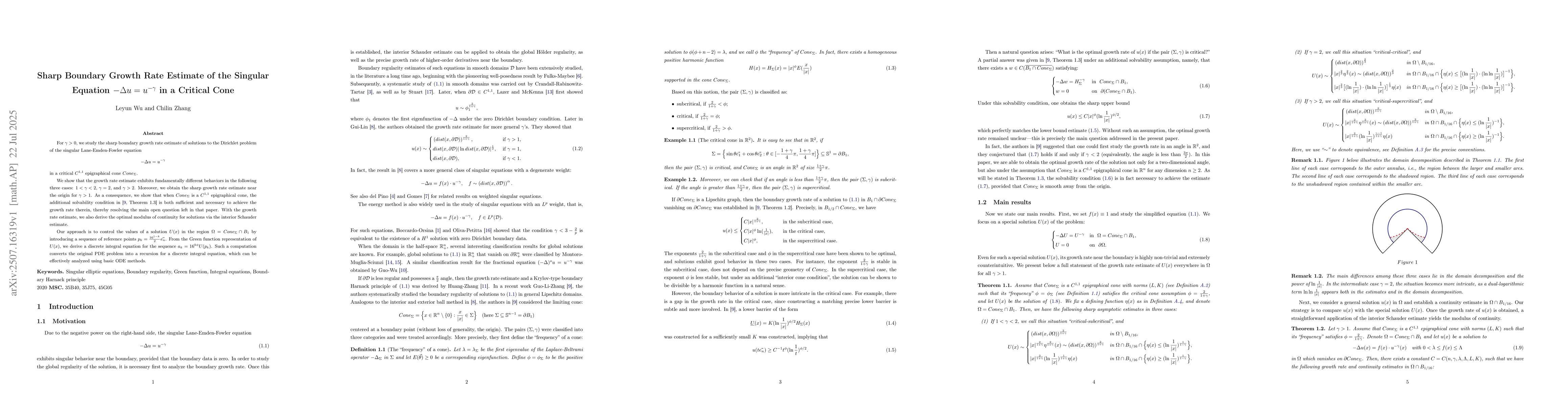 Thumbnail for Sharp Boundary Growth Rate Estimate of the Singular Equation $-Δ
  u=u^{-γ}$ in a Critical Cone