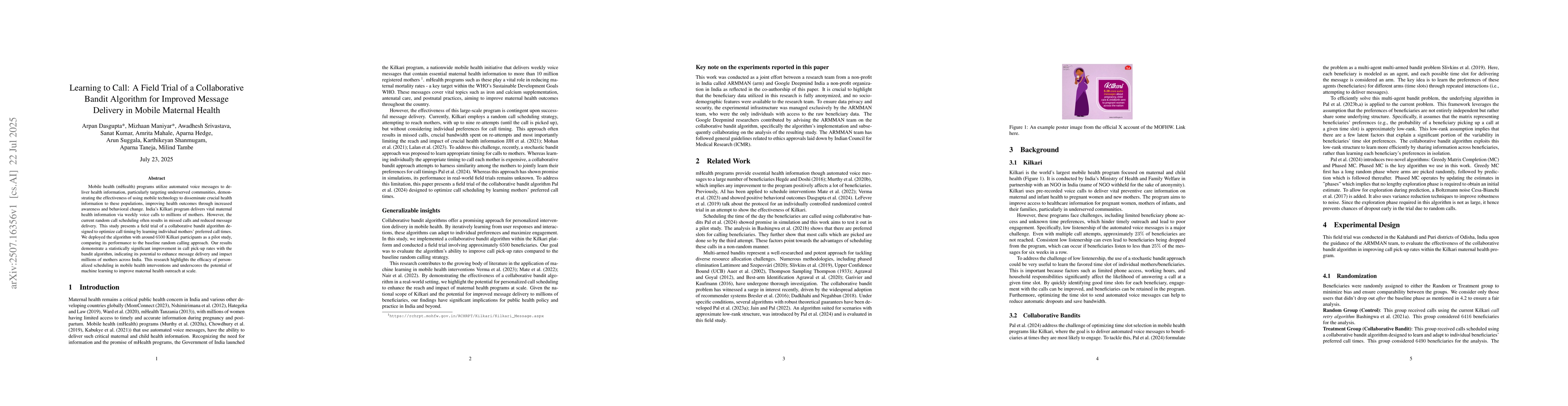 Thumbnail for Learning to Call: A Field Trial of a Collaborative Bandit Algorithm for
  Improved Message Delivery in Mobile Maternal Health