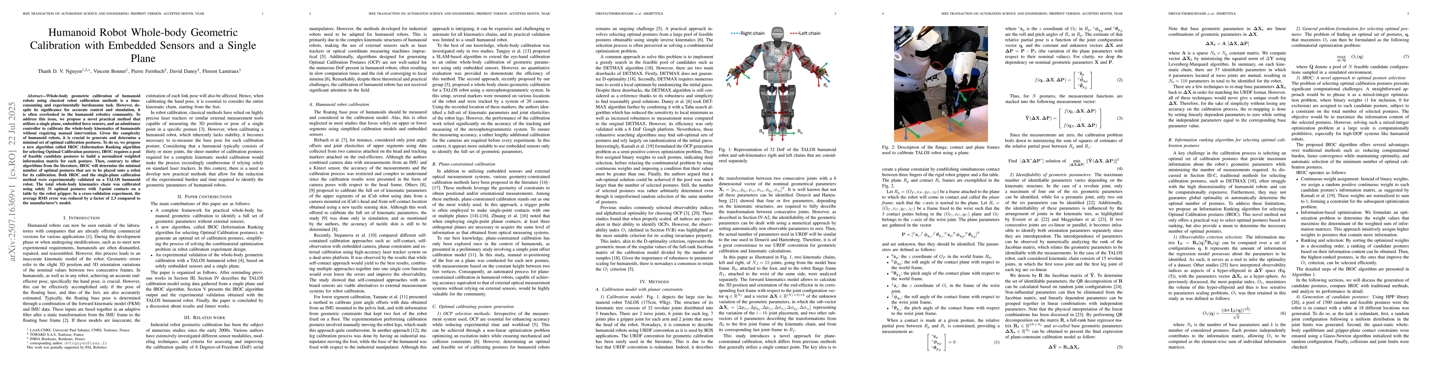 Thumbnail for Humanoid Robot Whole-body Geometric Calibration with Embedded Sensors
  and a Single Plane