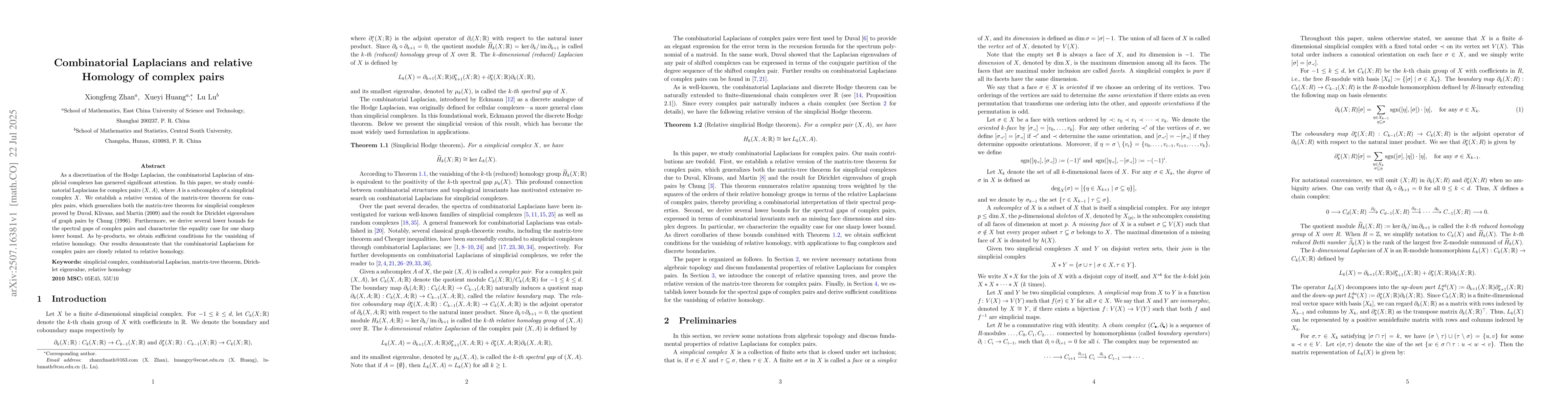 Thumbnail for Combinatorial Laplacians and relative Homology of complex pairs
