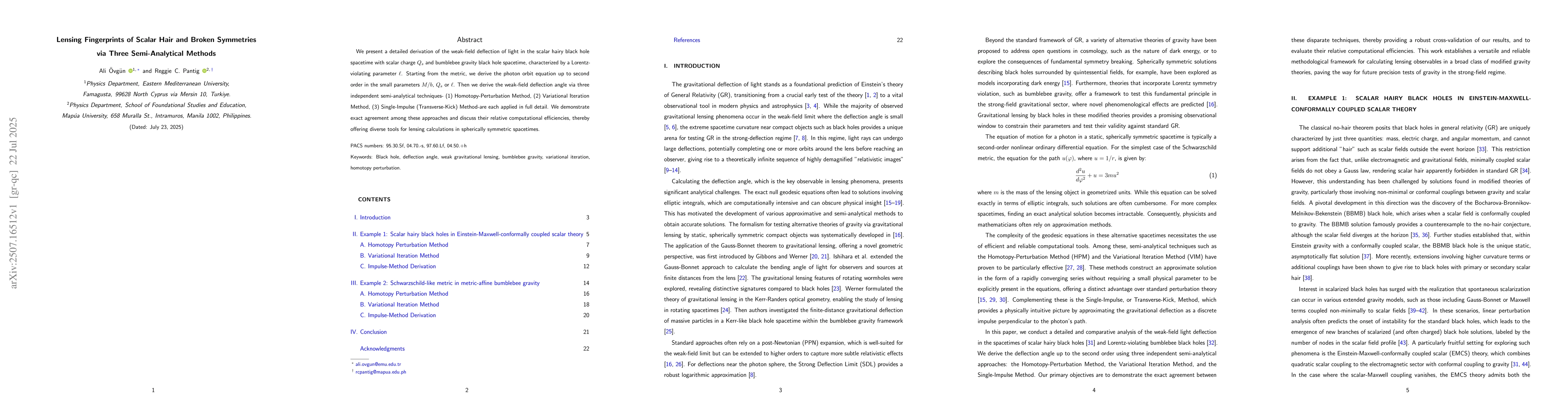 Thumbnail for Lensing Fingerprints of Scalar Hair and Broken Symmetries via Three
  Semi-Analytical Methods