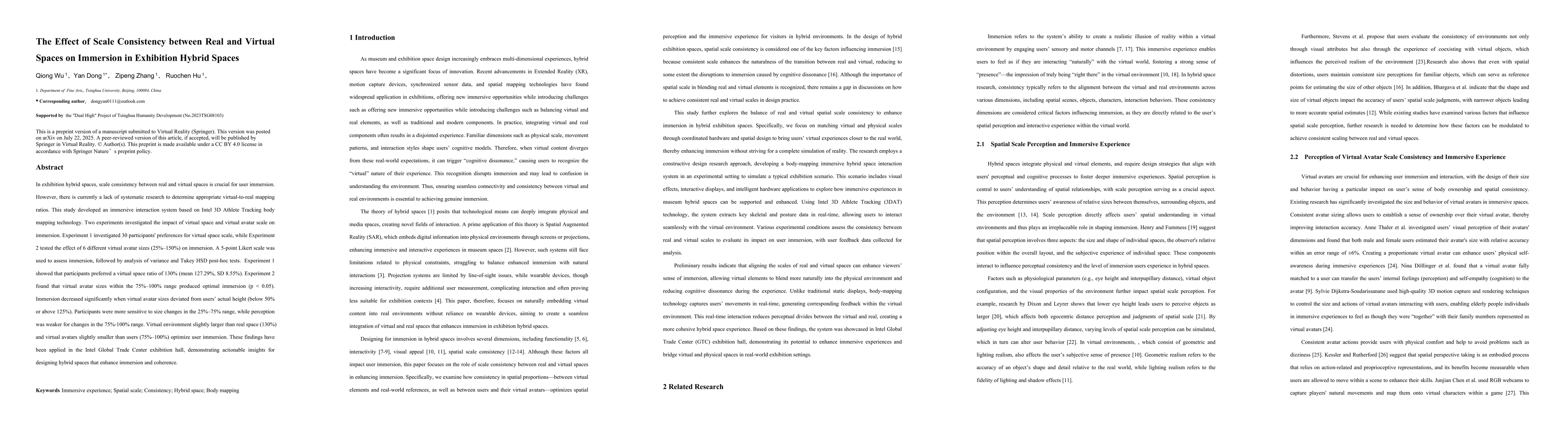 Thumbnail for The Effect of Scale Consistency between Real and Virtual Spaces on
  Immersion in Exhibition Hybrid Spaces