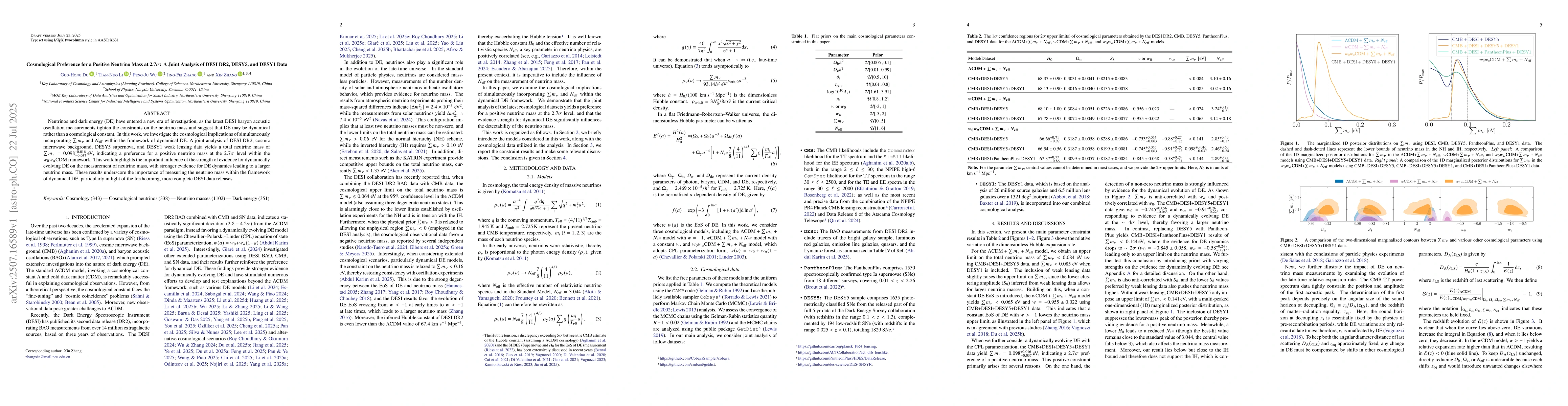 Thumbnail for Cosmological Preference for a Positive Neutrino Mass at 2.7$σ$: A
  Joint Analysis of DESI DR2, DESY5, and DESY1 Data