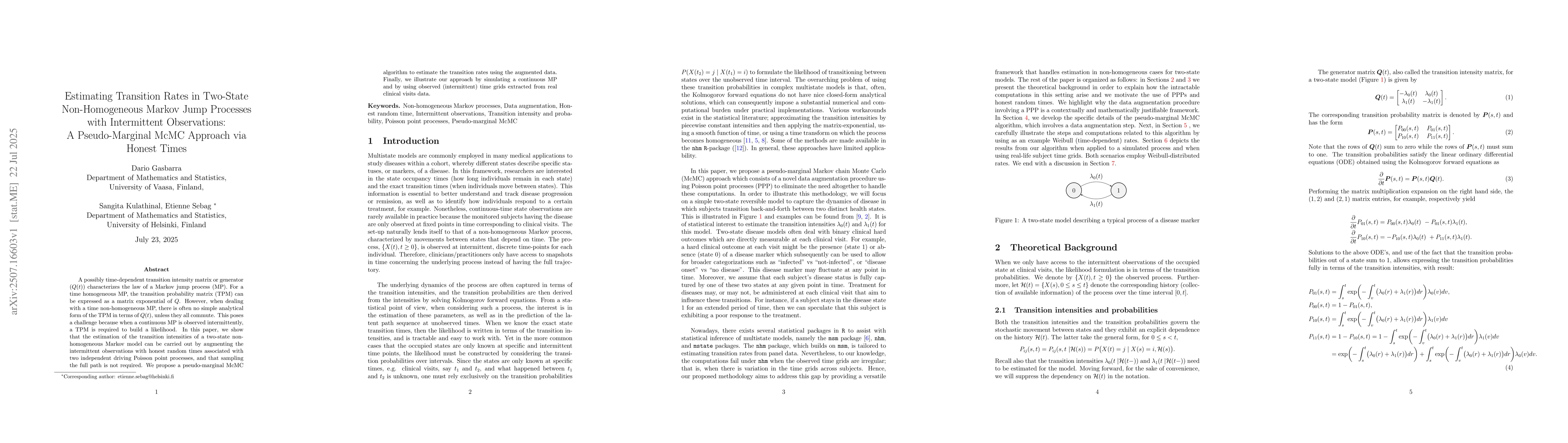 Thumbnail for Estimating Transition Rates in Two-State Non-Homogeneous Markov Jump
  Processes with Intermittent Observations: A Pseudo-Marginal McMC Approach via
  Honest Times