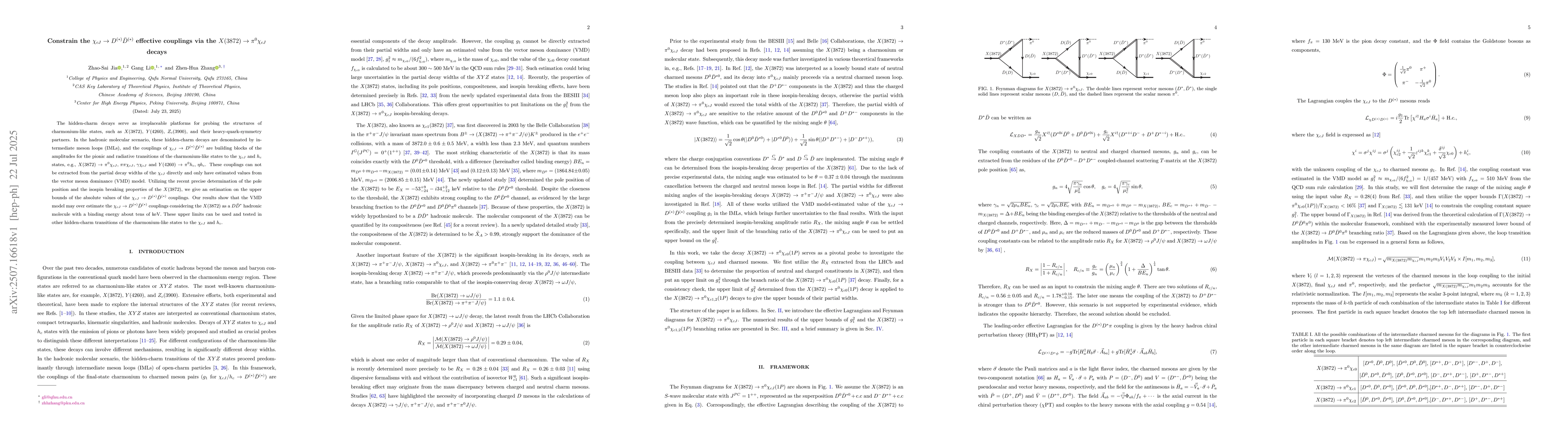 Thumbnail for Constrain the $χ_{cJ}\to D^{(*)}\bar{D}^{(*)}$ effective couplings
  via the $X(3872)\to π^0χ_{cJ}$ decays