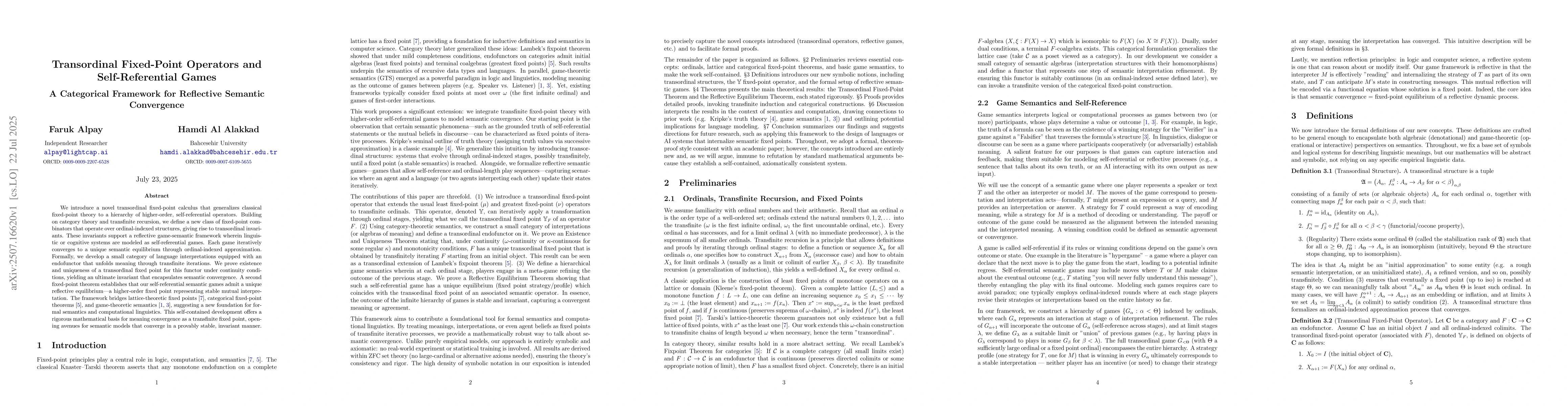 Thumbnail for Transordinal Fixed-Point Operators and Self-Referential Games: A
  Categorical Framework for Reflective Semantic Convergence