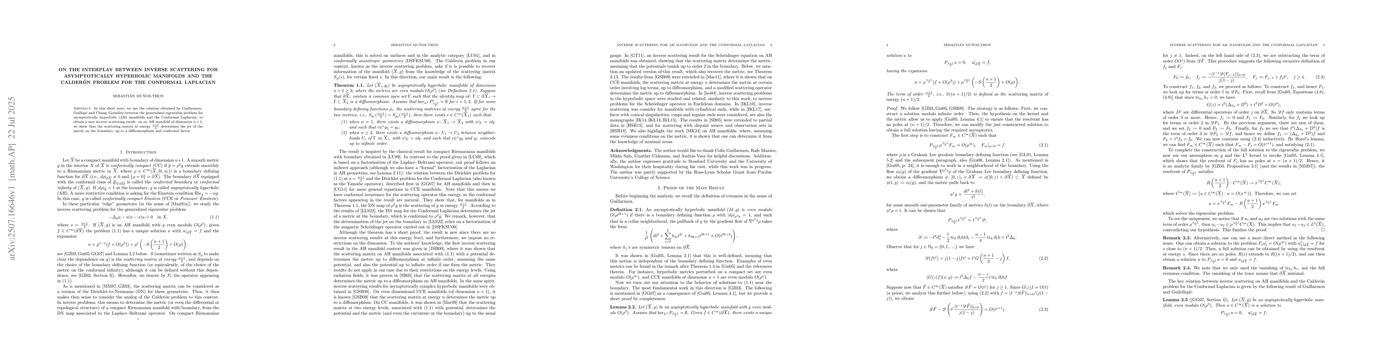 Thumbnail for On the interplay between inverse scattering for asymptotically
  hyperbolic manifolds and the Calderón problem for the Conformal Laplacian