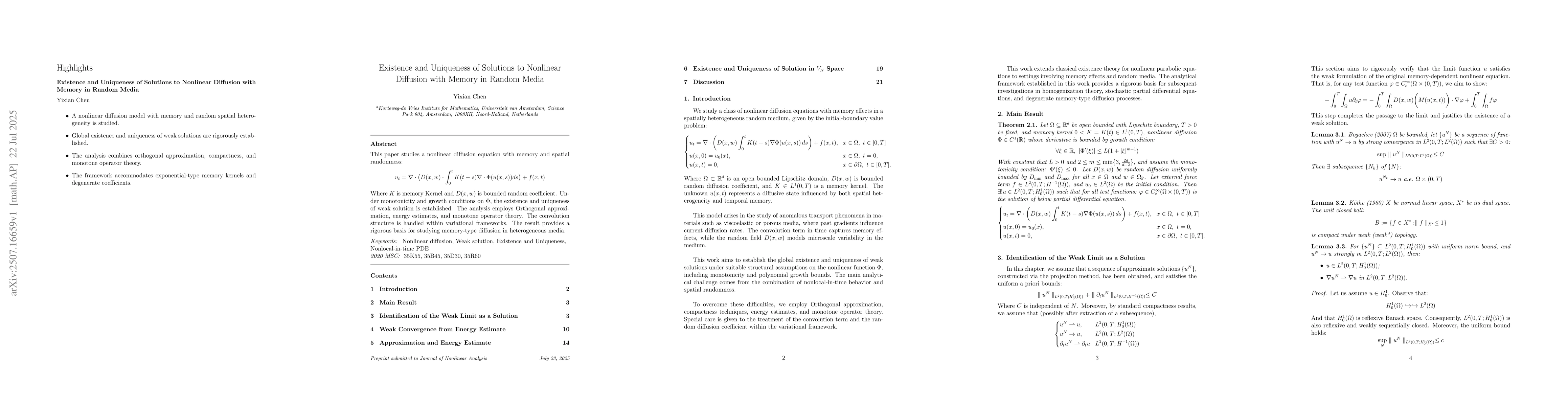 Thumbnail for Existence and Uniqueness of Solutions to Nonlinear Diffusion with Memory
  in Random Media