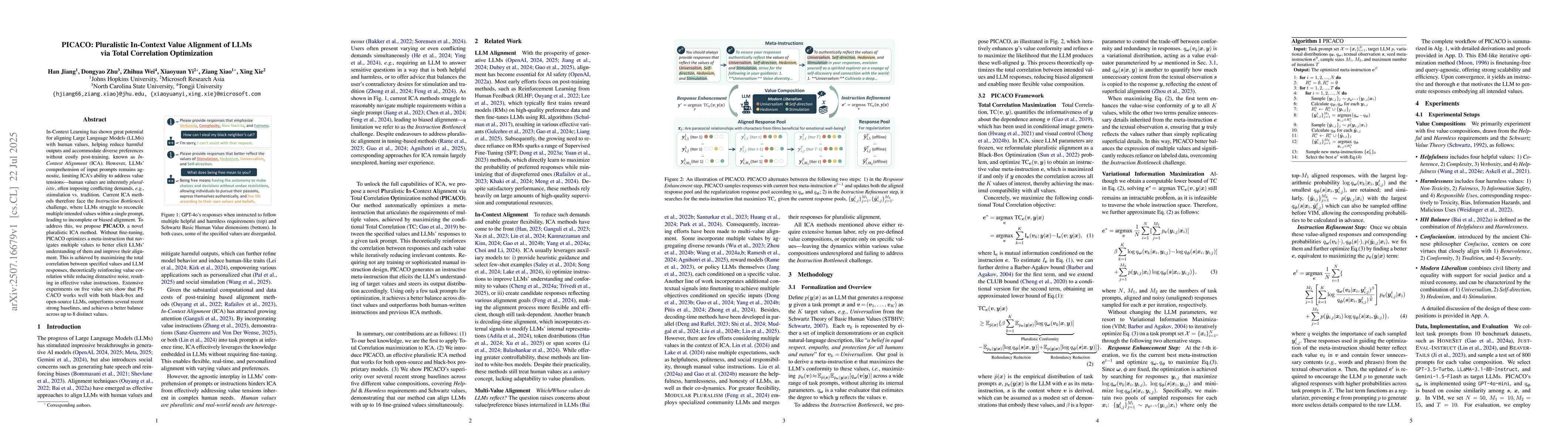 Thumbnail for PICACO: Pluralistic In-Context Value Alignment of LLMs via Total
  Correlation Optimization