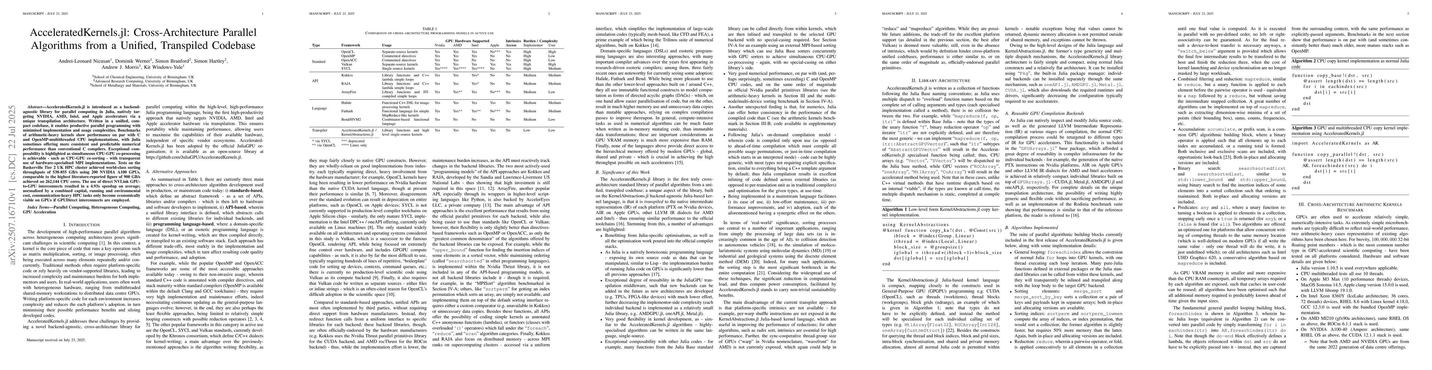 Thumbnail for AcceleratedKernels.jl: Cross-Architecture Parallel Algorithms from a
  Unified, Transpiled Codebase