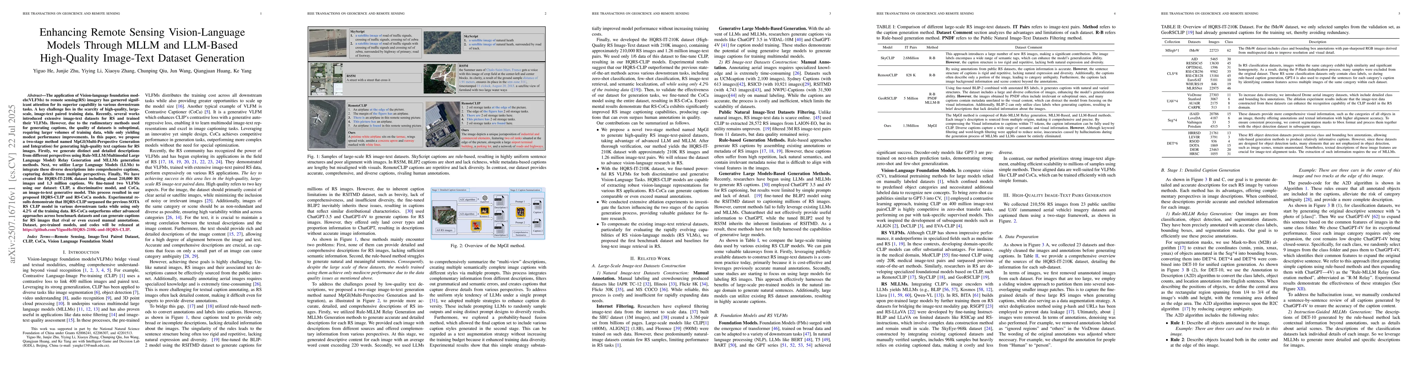 Thumbnail for Enhancing Remote Sensing Vision-Language Models Through MLLM and
  LLM-Based High-Quality Image-Text Dataset Generation