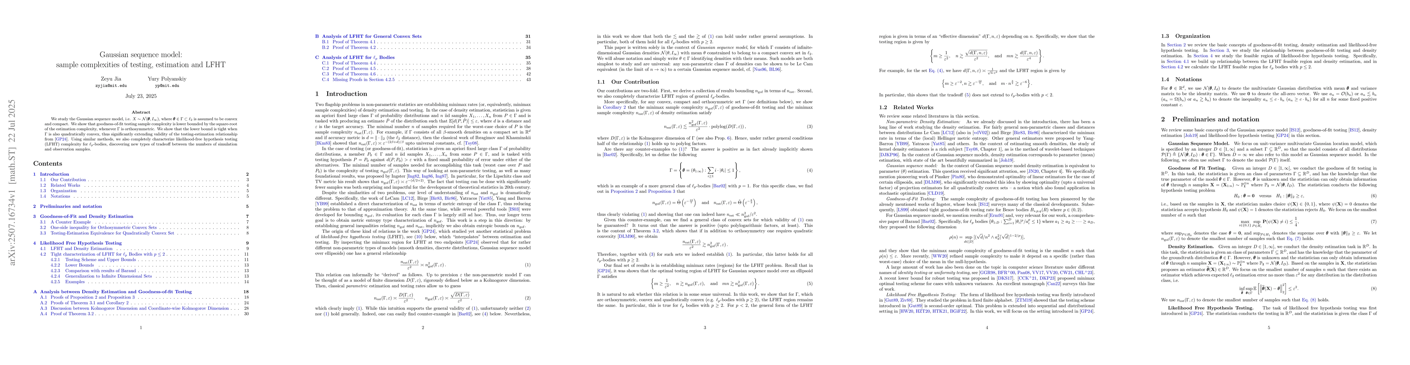 Thumbnail for Gaussian Sequence Model: Sample Complexities of Testing, Estimation and
  LFHT